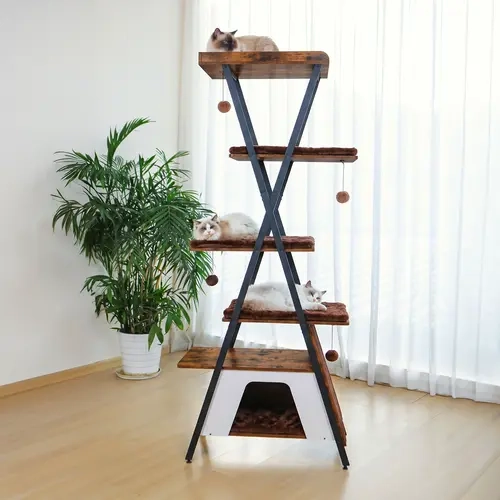 【SohoChic】ZZWHOM 73" Modern Indoor Cat Tree Tower - Multi-Level Wooden Cat Furniture with Scratching Posts, Caves, Large Perch, Removable Pads, Oversized Base, Wipeable Surfaces, Metal Frame for Home House Decor