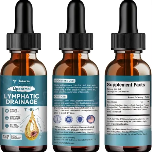 Totaria 2 pack/3 pack 11 In 1 Liposomal Lymphatic Drainage Drops -Organic Supplement with Burdock Root Echinacea Elderberry Calendula Cleavers Herb Dandelion Supports Lymphatic Health 2 FL.OZ Healthcare Natural
