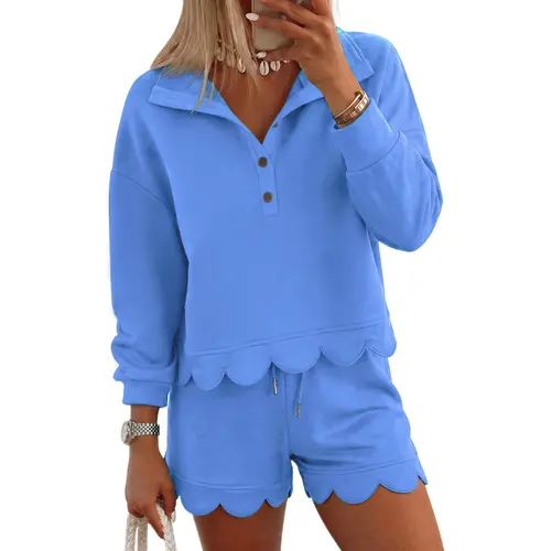 FISOEW Women's 2-Piece Sweatsuit - Basic Casual Matching Set with Long Sleeve Half-Button Top & Shorts, Comfortable Loungewear, Trendy Clothing Sets, Shorts for Women Fit