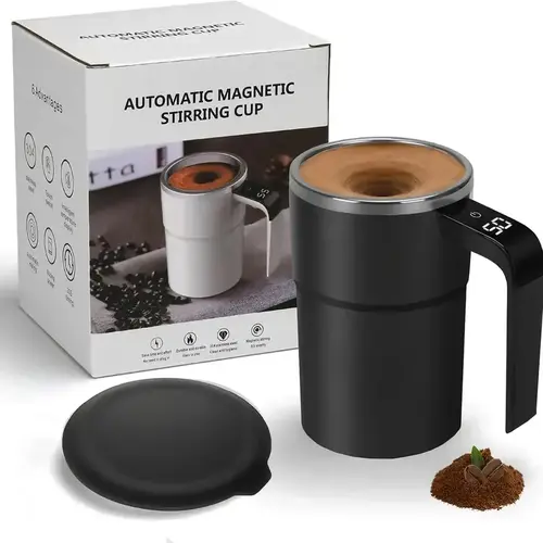 Novelty Rechargeable Automatic 60-use Magnetic Self-Stirring 304 Stainless Steel Coffee Mug - Food-grade ABS Body Feels Secure, 2-bar Long Life Stir Bar, Built-in LCD Thermometer, Tumbler Shape Portable Cup for Milk, Hot Cocoa (Home, Office Use),sohochic