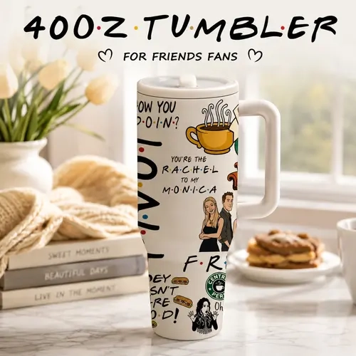 1pc 40oz Friends Fans Insulated Tumbler with Handle, Double Wall Vacuum Stainless Steel Travel Mug, Flasks, Drinkware, Keeps Cold 24H and Hot 12H, Leakproof Cup for Coffee, Office, Daily Use, Sitcom Inspired Gift for Friends, Birthdays, Holidays