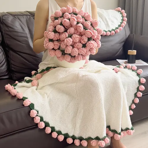 【FallPickDeals 】ROSEKIND Finished Flower Bouquet Blanket,Handmade Crochet Flower Blanket,2-in-1 Soft Knitted Throw Rose Blanket, Romantic Gift for Birthday Wedding Valentine’s Day Mother's Day for Mom Girls and Sisters,Gifts for All Occasions, Room Decor,