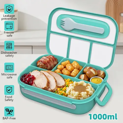 【Summerfinds】3-in-1 Kids Bento Lunch Box Tableware, 1000ml BPA-Free Silicone Lidded 4-Compartment Lightweight Airtight Latch-Equipped Reusable Portable Food Storage Container with Spoon for School,home essentials
