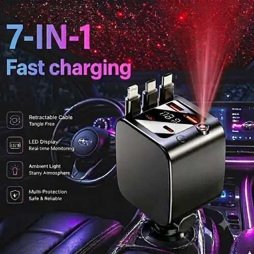 120W Retractable Car Charger - 7-in-1 Fast Charging Hub with Starry LED Galaxy Projector, PD 20W/65W USB-A Multi-Port Adapter, Premium High Efficiency Charger & Cars Accessories Fast Charging Solution for Smartphones & Tablets (USB Powered Charging),toolu