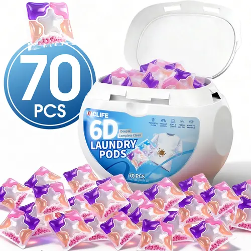 VacLife Household Laundry Detergent Pods - 70 Pcs Pink 6-Chamber Design Washing Capsules, 8X Stain Power Deep Cleaner, Even Mix, 72H Long-Lasting Freshness, Anti-Mite for Washing Machines