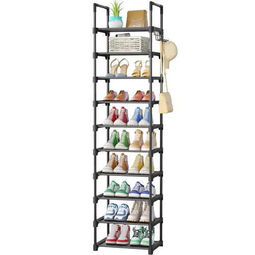 Kitsure 10-Tier Black Metal Shoe Rack Organizer, Narrow Tall Space-Saving Vertical Shoe Shelf with Side Hooks for Entryway, Closet
