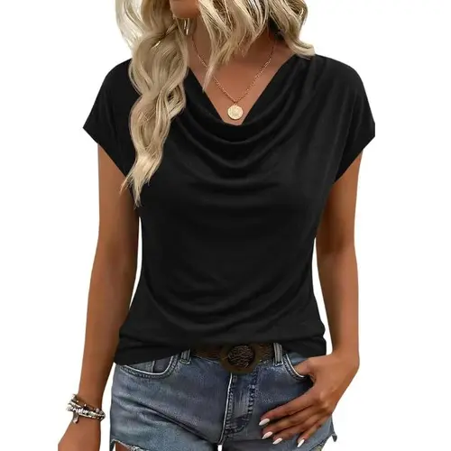 Fisoew Women's Dressy Short Sleeve Cowl Neck Sleeve Shirt Basic Comfortable Minimalist Business Casual Womens Tops for 2026 Spring Summer Work Office Style Wear Fits Blouses SohoChic