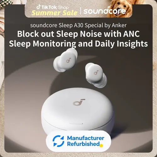 [Refurbished]soundcore Sleep A30 Special by Anker, Sleep Earbuds, ANC, Passive Isolation, Snore Masking, Extensive Sleep Audio, Ultra Comfort for Side Sleepers, 8-10H Playtime #tiktokshopsummersale,back to school,back to school haul