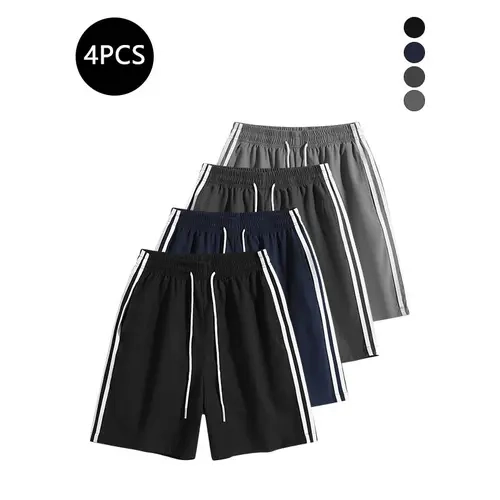 4-Pack Men’s Summer Straight-Leg Striped Shorts – Knee-Length, Trendy High-Street Street Style, Versatile Loose Casual Fitness Running Shorts for Men