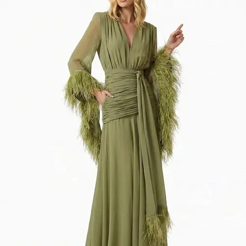 LikeMyChoice 2026 Elegant V Neck Feather Cuff Flowing Chiffon Maxi Dress Long Sleeve Ruched Waist Formal Party Gown Womenswear