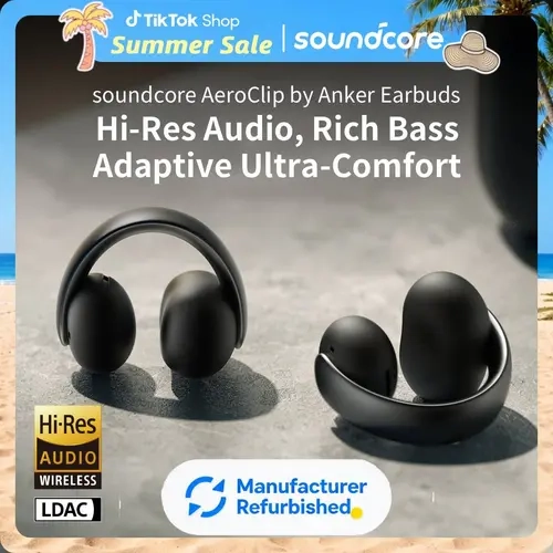 [Refurbished]soundcore AeroClip by Anker, Open-Ear Earbuds, Clip-On Headphones, Adaptive Comfort, Clear Calls with 4 Mics and AI, Stable Fit, 12mm Drivers for Powerful Bass, Hi-Res, Open-Ring Design #tiktokshopsummersale