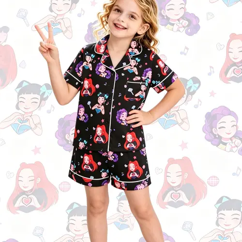 Children's 2-Piece Cartoon Pajamas Set, Short Sleeves Lapel Top with Small Pocket and Elastic Waist Shorts, Soft and Comfortable, Casual Daily Sleepwear Set