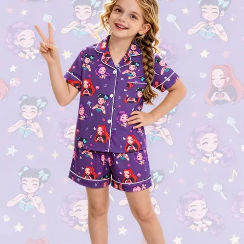 2-Piece Kids' K-pop Girl Magic Edition Star Diamond Note Cartoon Print Short Sleeve Top and Shorts, Soft Comfortable Top with Small Pockets and Turned-Down Collar Design, Elasticated Waistband, Summer Clothes Set