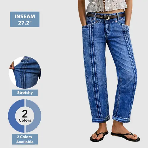 Flamingals Wash Pleated Roll Hem Mid Rise Straight Leg Jeans Womenswear