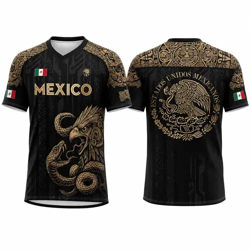 Men's Mexico Shirt, Short Sleeve Graphic Tee with Aztec Heritage Print, Gold Eagle Snake Graphic, and Estados Unidos Mexicanos Back Design