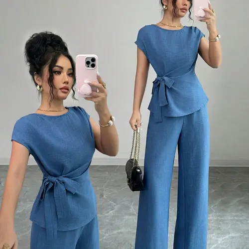 Women's Summer Round Neck Sleeveless Set Outfit, Lightweight Top + Pocketed Long Pants, Fitted Slimming, Waist Tie Design, Fashion Casual, Daily Wear, Casual Everyday Set