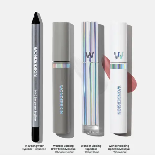 Wonderskin Essentials Set - Longwear Beauty Must-Haves - Lip Stain, Eyeliner, Brow Stain & Clear Gloss Kit