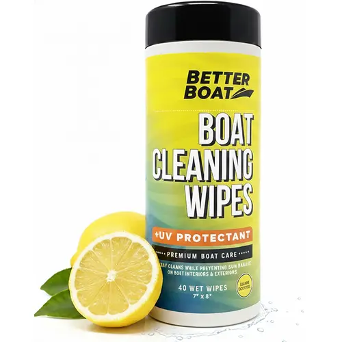 Better Boat Individually Wrapped Cleaning Wipes with UV Protectant & UV Care - Lemon Scents, Titanium Dioxide for Dirt Removal, Removes Dirt and Grime - Safe for Boat Cockpit, Fiberglass, Vinyl, Plastic, Leather Interiors