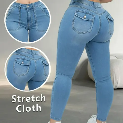 Elastic Fitted High-Waist Women's Jeans, Pocket Design Light Wash Skinny Conceal Fat Slim Fit Denim Jeans, Daily Versatile Pear Shape Friendly