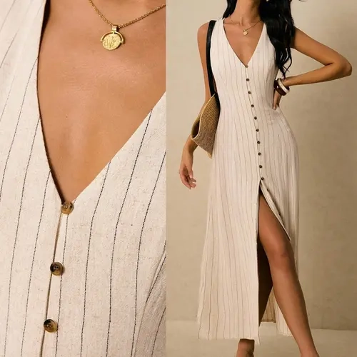 Women's Linen Striped Dress, Summer Casual Vacation Style, Back Waist Tie Adjustable, Button Front, Sleeveless, Bohemian Vintage Look Boho, Breathable