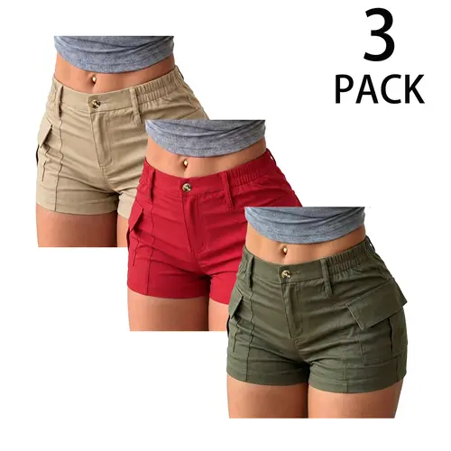 Summerwins Women's High-Waisted Mini Cargo Shorts Set (3-Pack) - Elastic Waistband, Multiple Pockets, Button Closure, Cash Pocket, Casual Sexy Style Bottom for Women, Comfortable for Summer Everyday & Outdoor Use, Shorts For Women