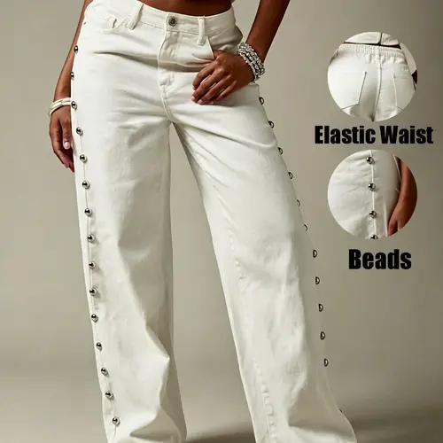 Women's Beaded Wide Leg Loose Baggy Jeans, Side Bead Decoration, High Waist Denim Jeans, Button Fly, Y2K Style, Casual Streetwear, Loose Denim Pants