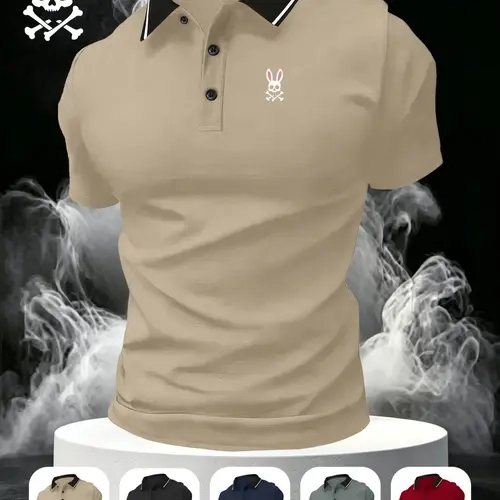 Men's Sporty Short Sleeve Polo Shirt, Athletic Breathable Fabric, Durable Stretch, Comfortable Fit, S8-5057 Skull Rabbit Print, Sports Top