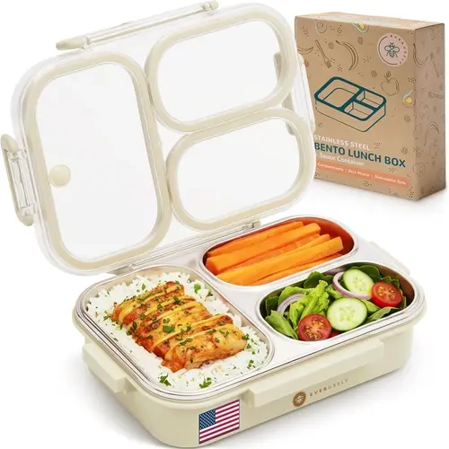 Everusely Stainless Steel Bento Box - 25oz 3-Compartment Tableware, Silicone-Sealed Airtight Anti-Leak Meal Prep Container for Adults, BPA-Free Dishwasher-Safe Airtight Lunch Box for Office Travel