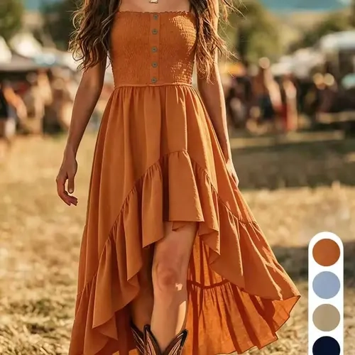 Western Style Casual Strapless Sleeveless Long Dress, Asymmetrical Ruffle Hem, Boho Bohemian Festival Dress, Summer Midi Dress, High Waist Slim Fit, Festival Casual Wear