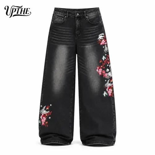 UPTHE Men's Wide Leg Baggy Denim Pants - Oriental Crane Floral Embroidery, Vintage Black Washed, Loose-Oversized Fit, Menswear Retro Style Vintage Fits Teenage Dirtbag Aesthetic Streetwear Casual for Camping