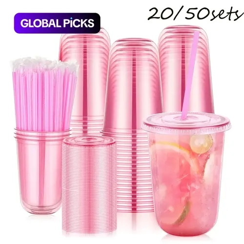 20/50 Sets 16oz Plastic Cups with Lids and Straws, /blue Transparent Ice Coffee Cups, Portable for Cold Drinks, Smoothies, Shakes, Valentine's Day Party Supplies