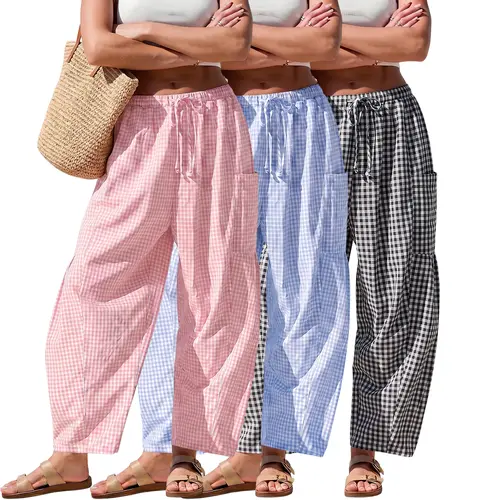 Women’s 3-pack summer plaid wide-leg casual pants, 55% cotton material; comfortable loose, elegant harem pants; breathable, elegant balloon pants; elastic drawstring waistband with side pockets; suitable for everyday wear, home, sleep, and vacations.