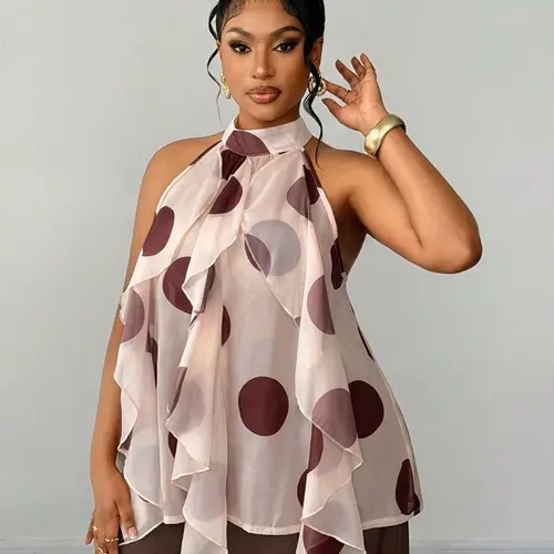Plus Size Women's Polka Dot Choker Blouses, Lightweight Flowy Ruffle Sleeveless Design, Pair with Suit Pants, Wide Leg Pants, Jeans, Casual Wear, Blouse Shirt