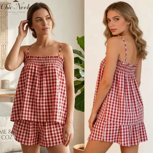 Women's Plaid Gingham Lounge Outfits Ruffle Flowy Tank Tops and  Wide Leg Shorts Sets