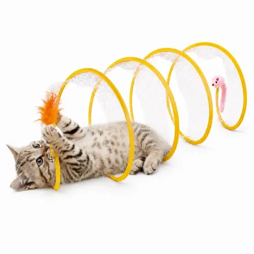 Kawiwi Kitty Play Tunnels - Spring Spiral Foldable Cat Tunnel, 27.6 Inches Length, 9.8 Inches Diameter, Interactive Toy with Feather, Bell, Plush Mouse, Enhances Play Experience for Indoor Cats, Plastic, Teaser
