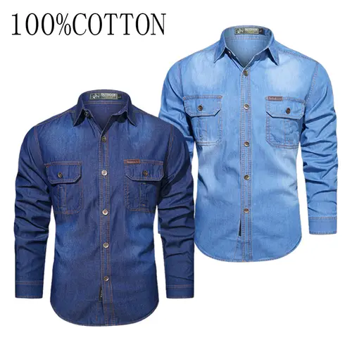Men's 100% Cotton Washed Denim Shirt - Classic Menswear, Double Pocket, Distressed, Long Sleeve, Outdoor Fabric Workwear Casual Top,sohochic