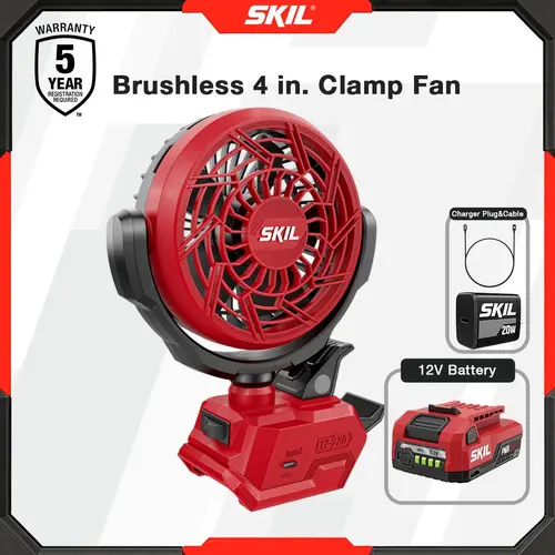 SKIL 12V PWR CORE Cordless Portable Starter Kit Bundle - Brushless Clamp Portable Fan (4-In.), 60W USB-C PD 3.0 Charger, 2.0Ah Built-In Li-Ion Battery, 25% LED Gauge, Fast Charging for Tools & Phone