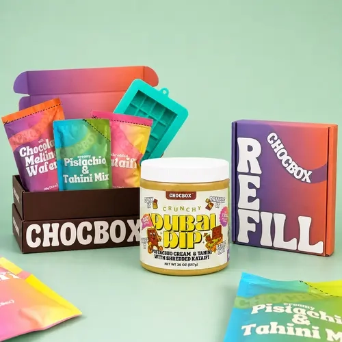 BOGO Luxurious Chocolate Snack Food Bundle - Chocbox, 8oz/20oz Crispy Crunchy Dubai Dip, Free Refill Kit with Melting Wafer, Pistachio Cream, Nuts, 1-10 Pack Choice for Children (Pistachio Chocolate Included)
