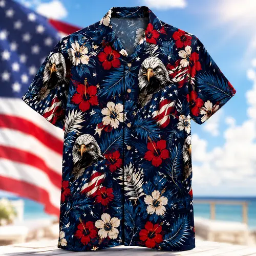 Men's Patriotic American Flag Eagle Print Tropical Island Leaves Festive Short-Sleeve Camp Collar Hawaiian Shirt for 4th of July, Menswear Casual Outdoors Top, All American, Fourth Of July