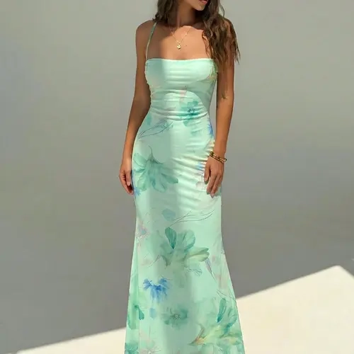 Elegant Backless Floral Print Dress for Women, Summer Beachwear, Boho Style Wedding Guest Dress, Party Dress