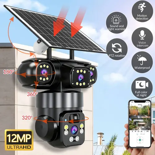 【Toolupgrade】Outdoor 6MP Solar Security Camera, Triple Lens WiFi PTZ Camera with PIR Human Detection, Color Night Vision, 2-Way Audio, IP66 Waterproof, Speaker, Micro Device, Local Storage, Cable Included (Valentine’s Day Gift Option),toolupgrade