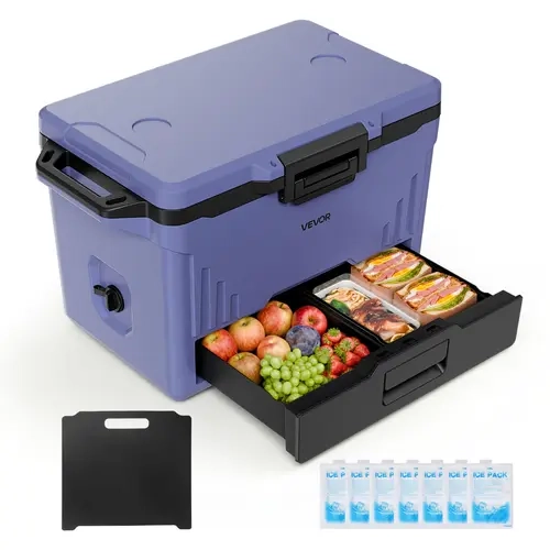 VEVOR 50QT Hard Insulated Cooler, Leak-Resistant Portable Unit with 48-Hour Cool Retention, Heavy-Duty Handle, Ultra-Light Design, Dry/Wet Drawer, Camping Equipment, Food & Beverage Cooler, Camper Cooling Solutions for Sports and Leisure, Durable Portable