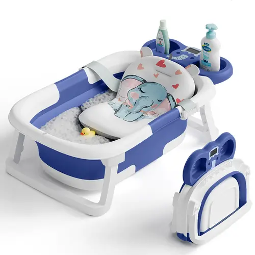 LUCKSONNY Collapsible Bather Infant Bathtub - Elephant Design, Real-Time Temp Monitor, Floating Cushion, Drainage, Foldable for Newborns & Toddlers,sohochic