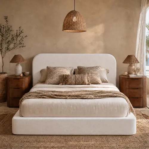 RECCI Minimalist Contemporary Queen Size Bedframe - Cloud Upholstered Bed with Curved Headboard, Padded Panels, Low-Profile Platform, Soft-Edge Build, Sturdy Stable Bedroom Furniture, Easy Setup, No Box Spring Needed, Apartment Use,sohochic