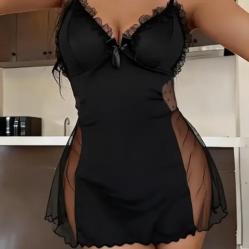 Women's Sexy Elegant Cami Nightgown, V-Neck Bow Design, Side Mesh Sheer High Split, Fitted Sleepwear, Loungewear, All Seasons Comfort