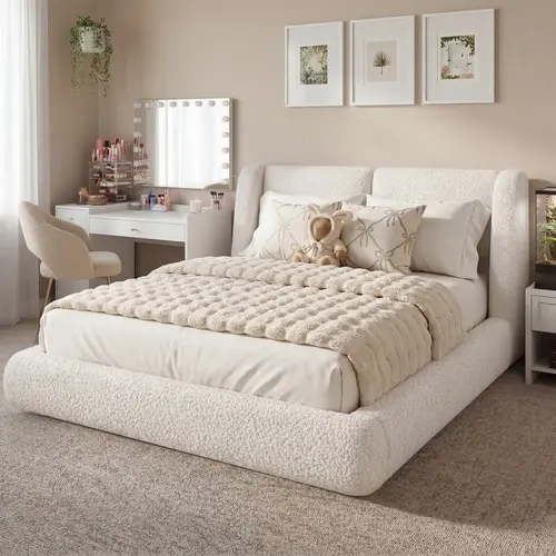 Raybee Cloud Bed Frame with 5-inch Thick Headboard Protection, Upholstered Soft Full/Queen/King Size Bed Frame for Active Families, Boucle Cloud Bed Dupe for Guest Bedroom & Dorm, No Box Spring Needed, Beige