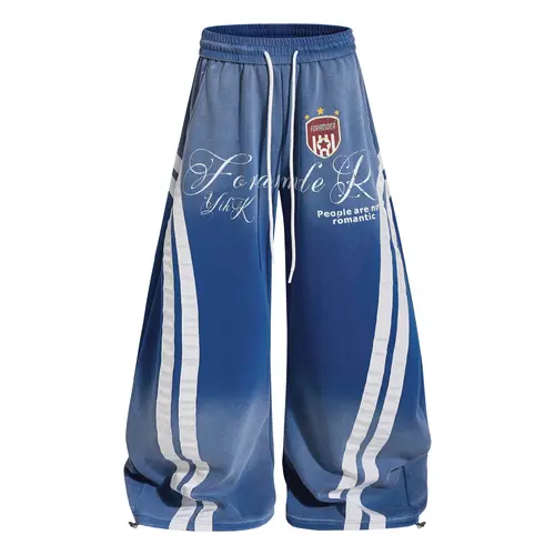 Inflation Pants Men Women Gradient Washed Crest Embroidery Side Stripes Elastic Waist Adjustable Hem Wide Leg Streetwear Sweatpants,clothes for back to school,first day of school outfits,sohochic