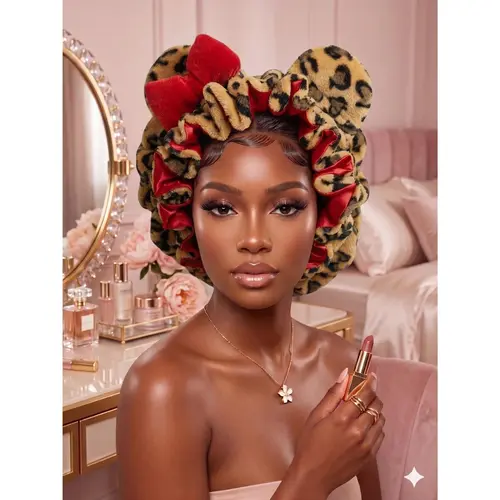 Women's Premium Fluffy Leopard Satin Sleeping Bonnet - Double Layer Nightcap for Curly Hair with Comfort-Fit Elastic Band, Animal Ears, Haircare, Self Care Products for Adults (Sports Headband Accessory)