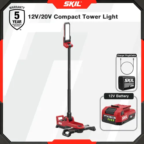 SKIL 12V/20V Compact Tower Cordless LED Work Light Kit - 20W PD USB-C Rapid Charger, 12V 2.0AH Batteries, Pivot Swivel, Hands-Free On, Wall Mountable, Portable Rechargeable Lighting, Emergency Use