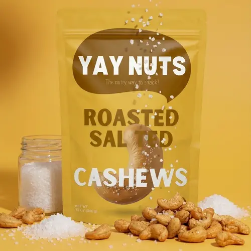 Yay Nuts Roasted & Salted Cashew Nuts Snack - Premium Whole Cashews in Avocado Oil with Sea Salt, Clean Dairy-Free Ingredients, No Preservatives, Resealable Pouch, 12 oz Protein Crunch for Adults' Office, Travel, Lunch Box Snacks